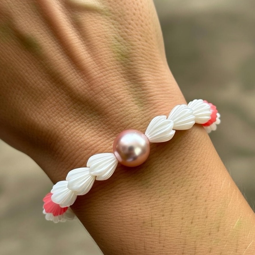 Edison Pearl Mother of Pearl Ivory & Pink Pīkake Handmade 7” Bracelet